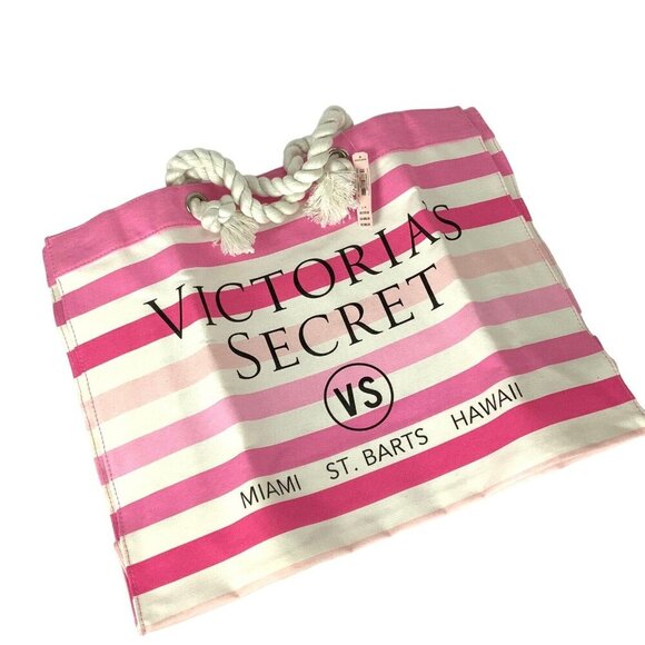 Victorias Secret Pink & White Striped Canvas Tote Bag - Picture 7 of 7